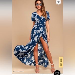 Lulu's Heart of Marigold Blue Floral Short Sleeve Wrap Maxi Dress Size Medium